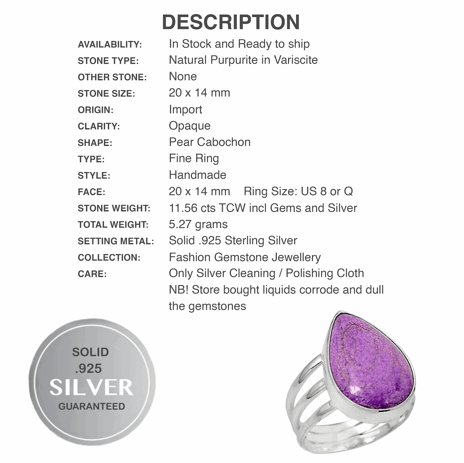 11.59 cts Natural Purpurite in Variscite Gemstone Solid .925 Sterling Silver Ring Size 8