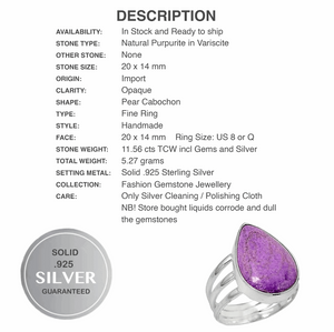 11.59 cts Natural Purpurite in Variscite Gemstone Solid .925 Sterling Silver Ring Size 8