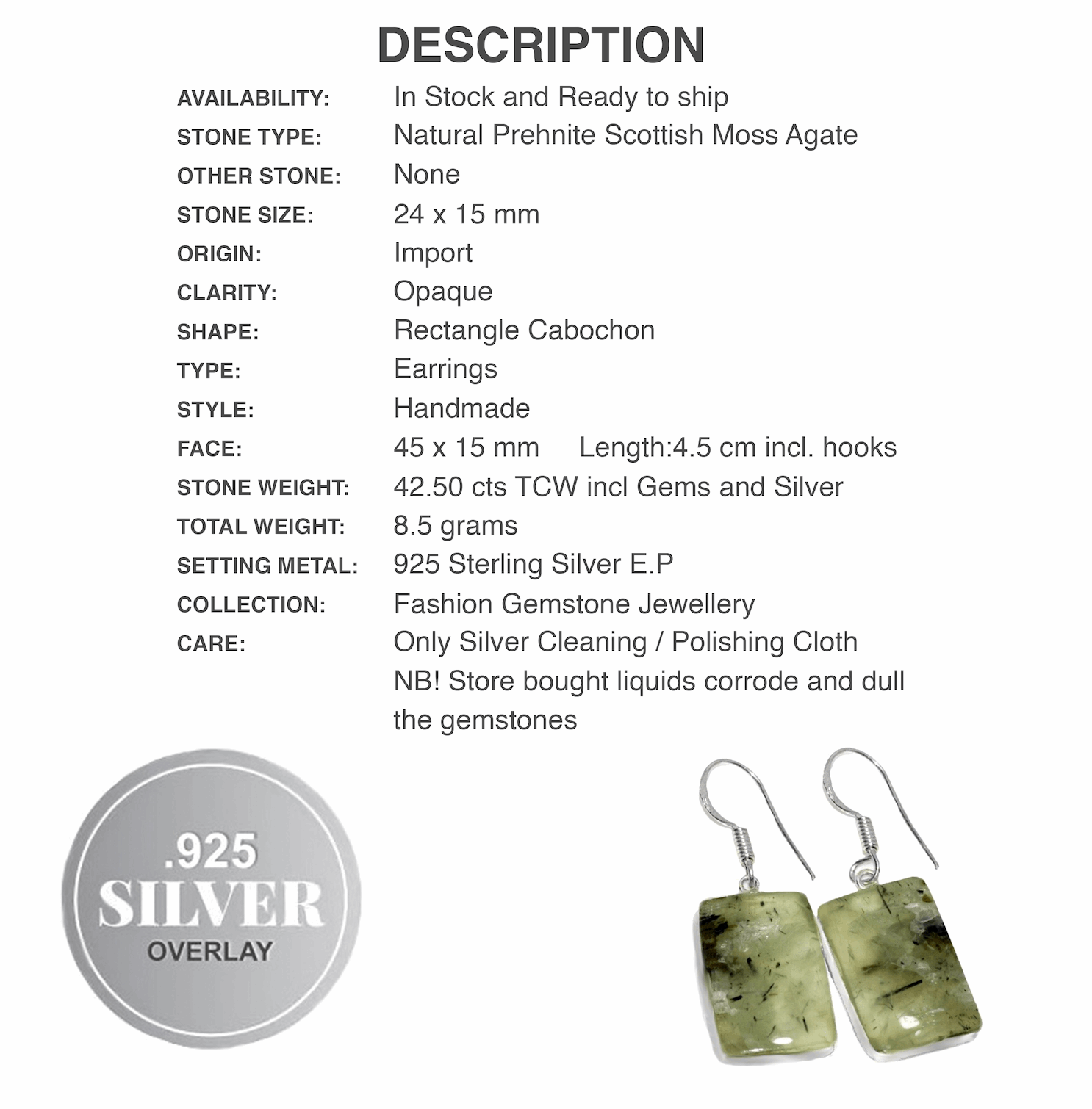 Natural Scottish Moss Prehnite Rectangle Gemstone .925 Sterling Silver Earrings - BELLADONNA