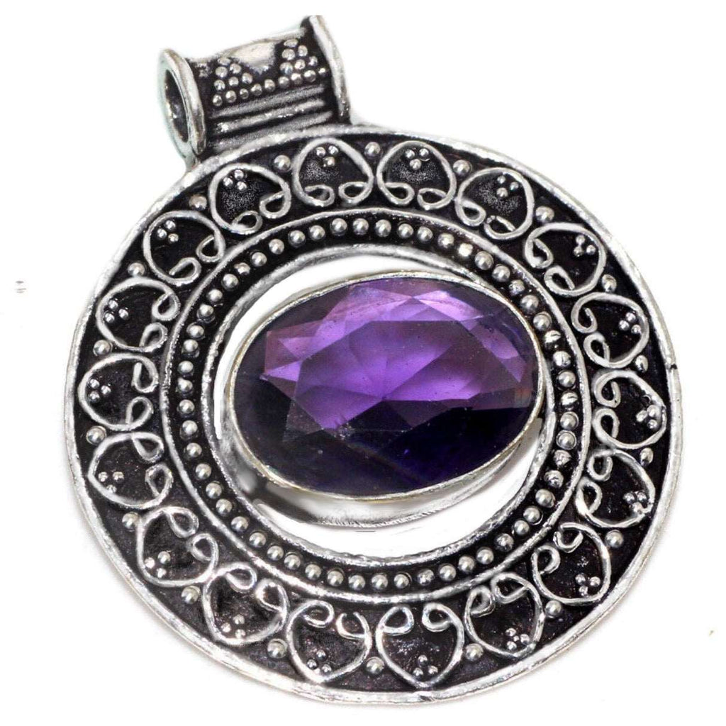 Handmade Antique Style Purple Amethyst Oval Gemstone 925 Silver Pendant - BELLADONNA