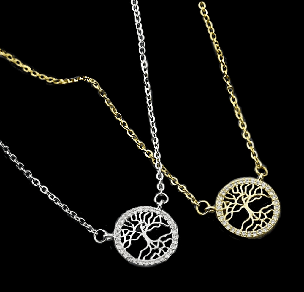 Dainty Tree of Life  with White Cubic Zirconia Pendant Necklace in Silver or Gold - BELLADONNA
