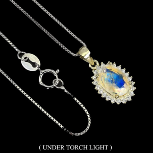 Natural Unheated Rainbow Moonstone, White Cubic Zirconia Solid .925 Silver Necklace - BELLADONNA