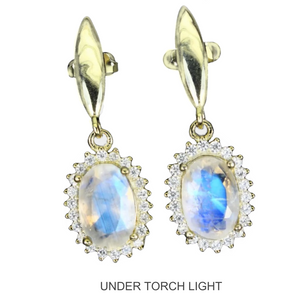 Natural Unheated Blue Schiller Moonstone, White Cubic Zirconia Solid .925 Silver Stud Earrings - BELLADONNA