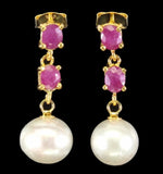 Deluxe Natural Blood Red Heated Ruby and Pearl Set in Solid .925 Sterling Silver 14K Y/Gold Earrings