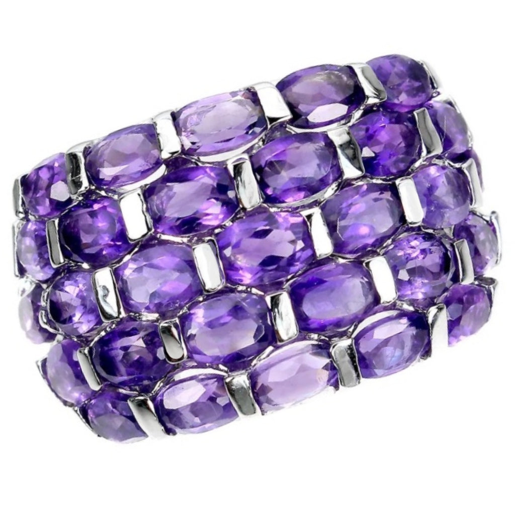 Natural Unheated Purple Amethyst, White Cz Solid .925 Silver 14K white Gold Ring 7.5 or P