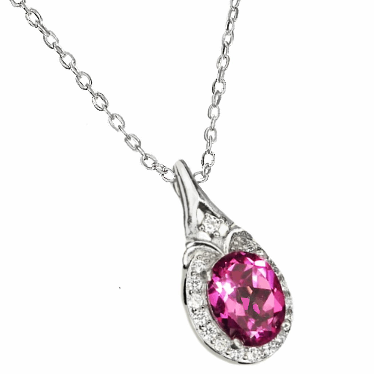 Exotic Natural Pink Topaz Oval Gemstone Solid .925 Sterling Silver 14K White Gold Necklace - BELLADONNA