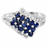 15 Natural Blue Sapphires, White Cubic Zirconia Solid .925 Sterling Silver Ring Size 9 or R