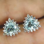 Natural Unheated Aquamarine Trilliant and White CZ Gemstone Solid .925 Sterling Silver Stud Earrings - BELLADONNA