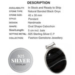 Natural Banded Black Onyx Gemstone .925 Silver Pendant