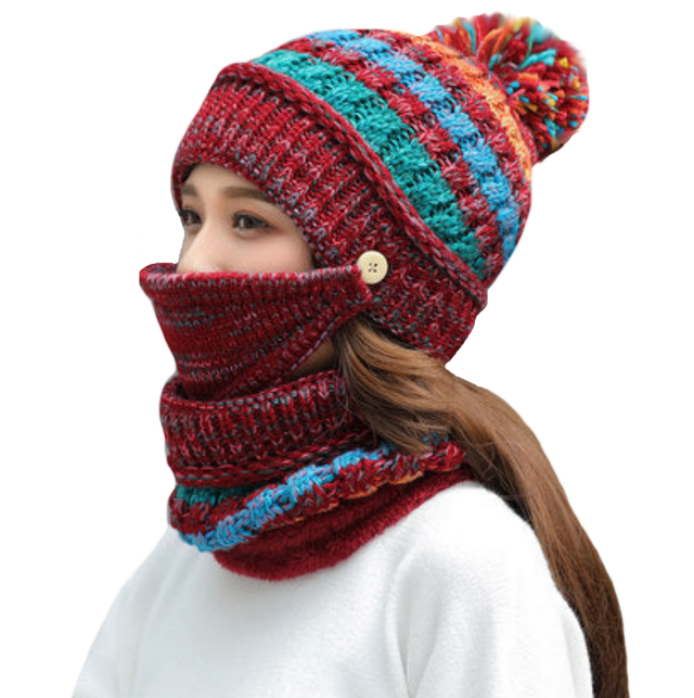 Three Piece Super Warm Knitted Hat Scarf and Removable Face Warmer/Mask in Assorted Colours - BELLADONNA