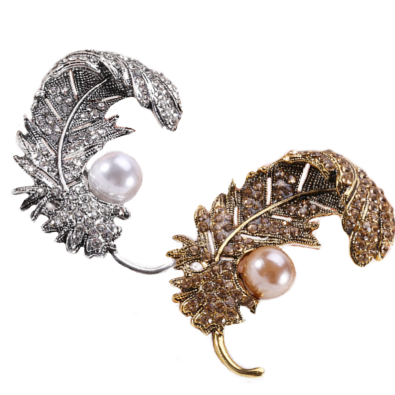 Stylish Fashion Pearl and Rhinestone Feather Brooch in Gold or Silver - BELLADONNA