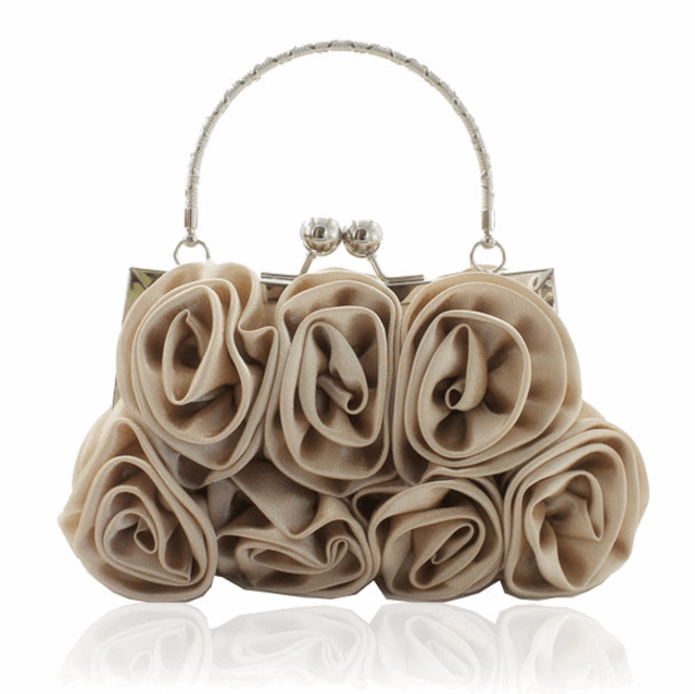 Bridal or Evening Dinner Hand Held Silk Rose Bag in White, Silver Grey, Black, Beige and Red