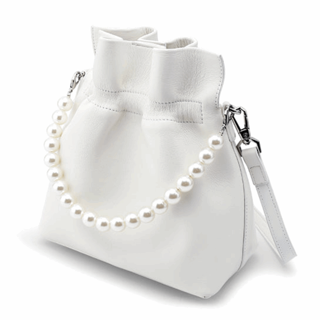 Mini Genuine Sheepskin Leather Bucket Bag in White with Pearl Handle and Long Strap - BELLADONNA
