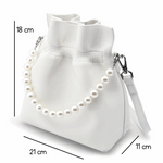 Mini Genuine Sheepskin Leather Bucket Bag in White with Pearl Handle and Long Strap - BELLADONNA