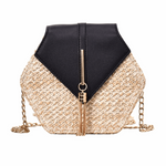BOHO Small Woven Straw Handbag with Chain Strap in Black, Brown Grey or White - BELLADONNA