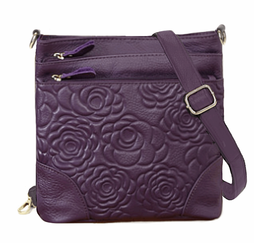Luxury Soft Genuine Cowhide Leather with Embossed Rose Detail Handbag in Red, Black, Brown or Purple
