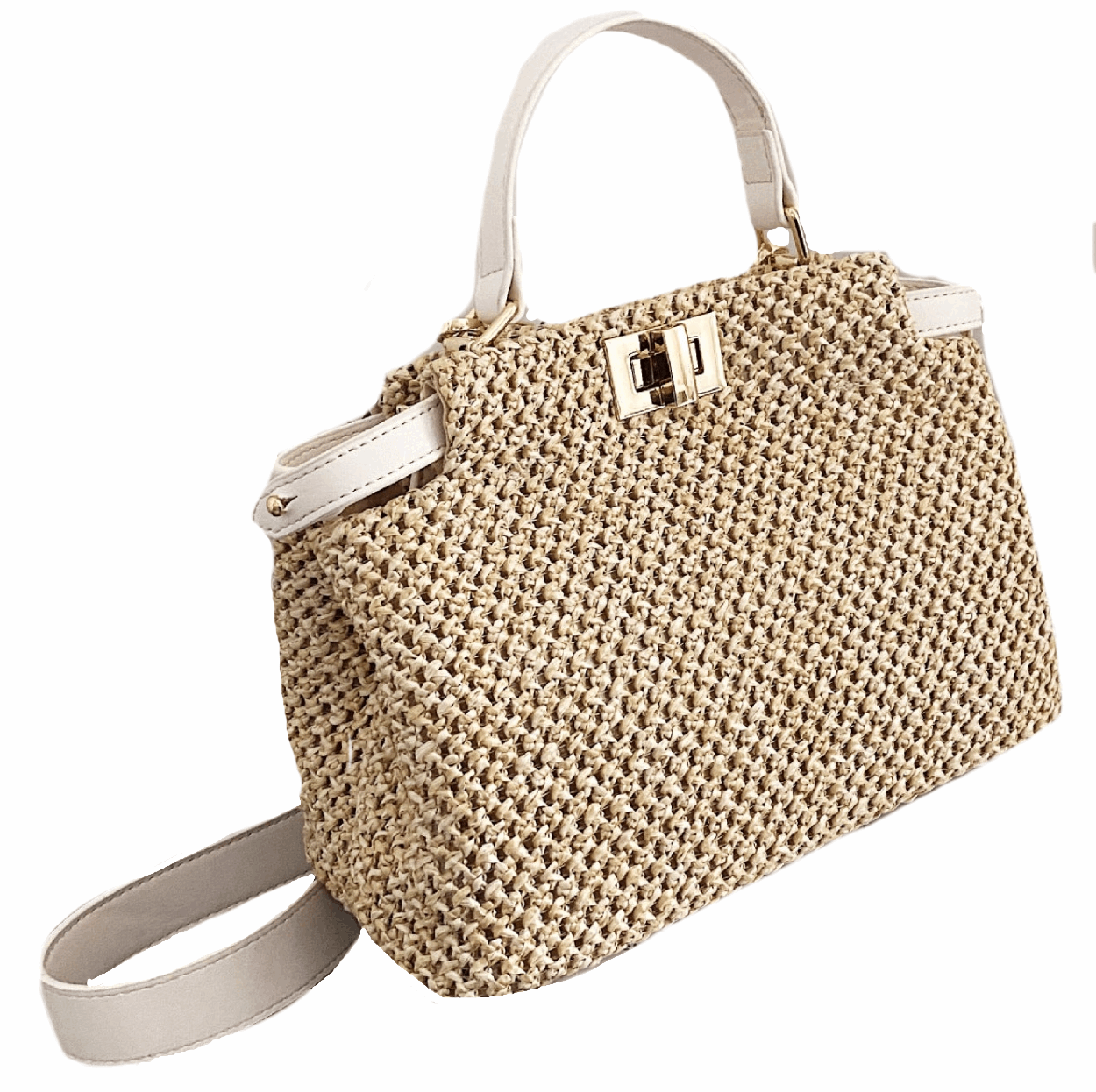 High End Summer Beach Holiday Woven Straw Bag With Stylish Leather Accent in 5 Assorted Colours