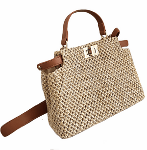 High End Summer Beach Holiday Woven Straw Bag With Stylish Leather Accent in 5 Assorted Colours