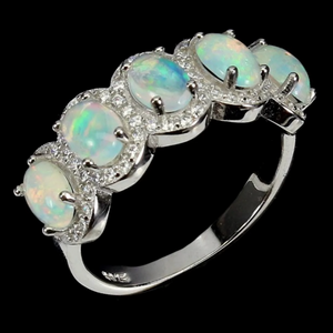 Natural Unheated Ethiopian Fire Opal and White CZ Gemstone Solid .925 Sterling Ring Size 7.5 or P