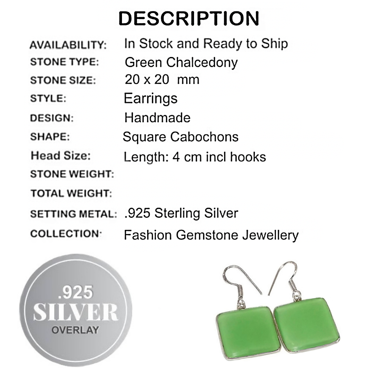 Trendy Green Chalcedony Drop Dangle Square .925 Silver Earrings
