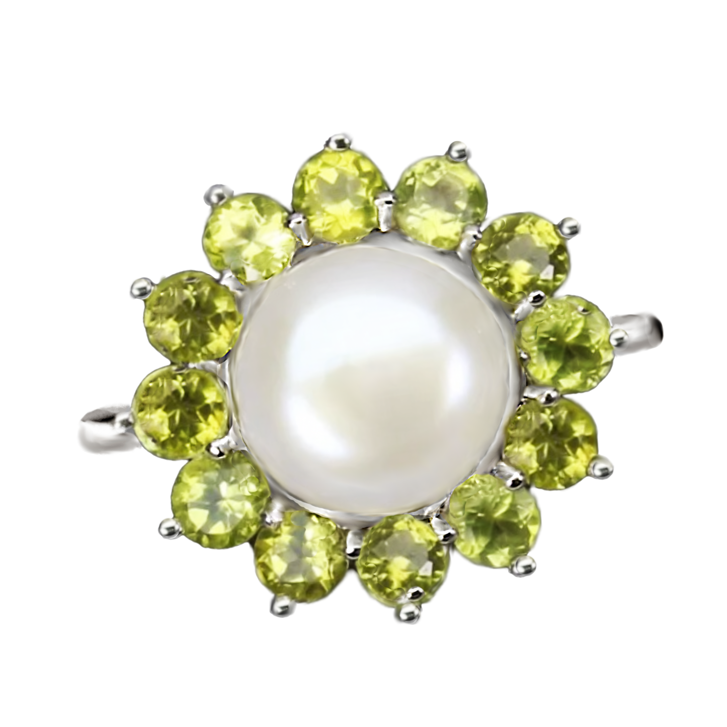 Natural Unheated Peridot, White Pearl Gemstone Solid .925 Sterling Silver Ring Size 8 or Q