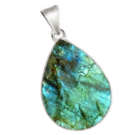 Natural Blue Fire Rough Labradorite Pear Gemstone set in Solid .925 Silver Sterling Pendant