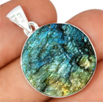 Natural Blue Fire Rough Labradorite Round Gemstone set in Solid .925 Silver Sterling Pendant