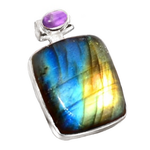 Natural Multi Fire Labradorite and Purple Amethyst set in Solid .925 Silver Sterling Pendant
