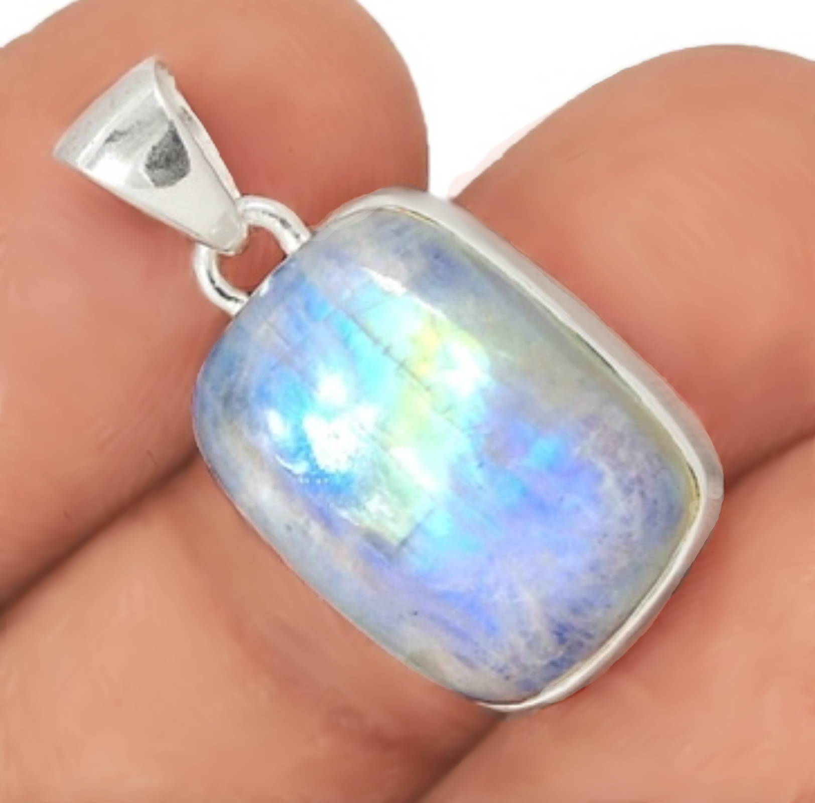 Natural Blue Schiller Rainbow Moonstone set in Solid .925 Sterling Silver Pendant