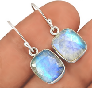 Natural Rainbow Moonstone Gemstone Solid .925 Silver Earrings