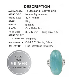 Natural Brazilian Aquamarine Oval Gemstone Solid .925 S/ Silver Ring Size 9.5