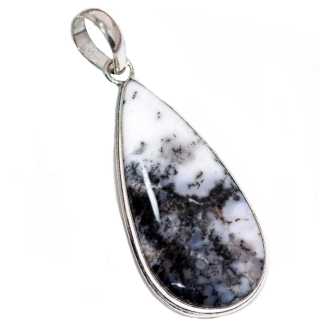 Natural Dendritic Opal Pear Gemstone .925 Sterling Silver Pendant