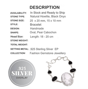 Natural Howlite And Black Onyx Gemstone .925 Sterling Silver Bracelet