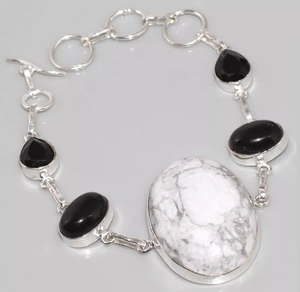 Natural Howlite And Black Onyx Gemstone .925 Sterling Silver Bracelet