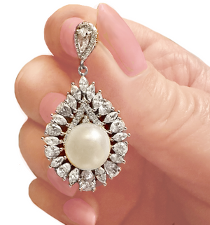 Deluxe Natural Creamy White Pearl ,White CZ Solid .925 Sterling Silver Pendant