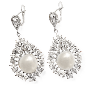Deluxe Natural Creamy White Pearl ,White CZ Solid .925 Sterling Silver Earrings