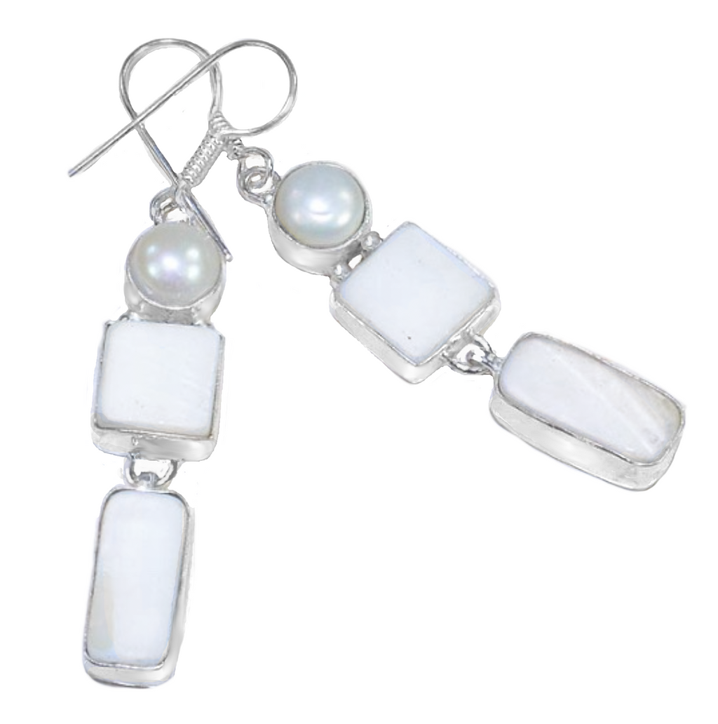 Natural Mother Of Pearl and White River Pearl .925 Sterling Silver Earrings