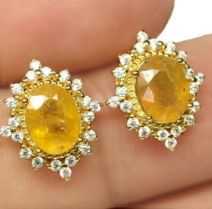 Natural Heated Oval Yellow Sapphire in Solid 925 Sterling Silver 18K Yellow Gold Stud Earrings