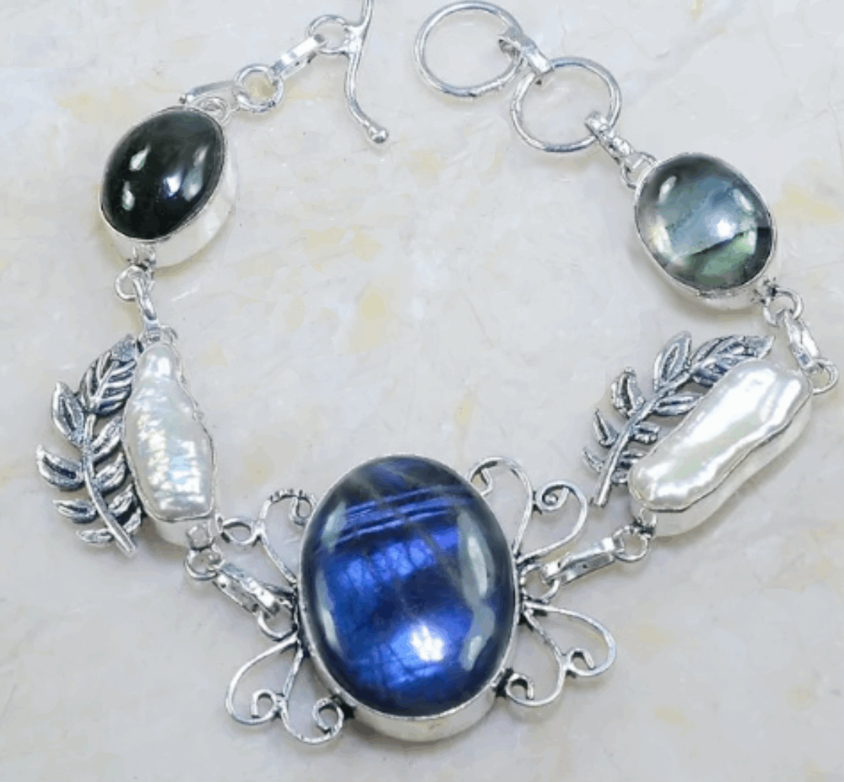 Handmade Antique Style Natural Fiery Labradorite, Biwa Pearl Gemstone .925 Silver Bracelet
