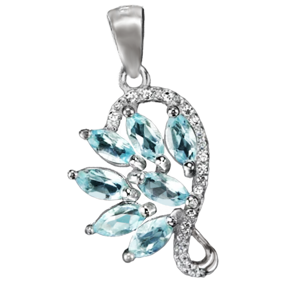 Top Grade Natural AAA Sky Blue Topaz, White Cubic Zirconia Solid .925 Sterling Silver Pendant