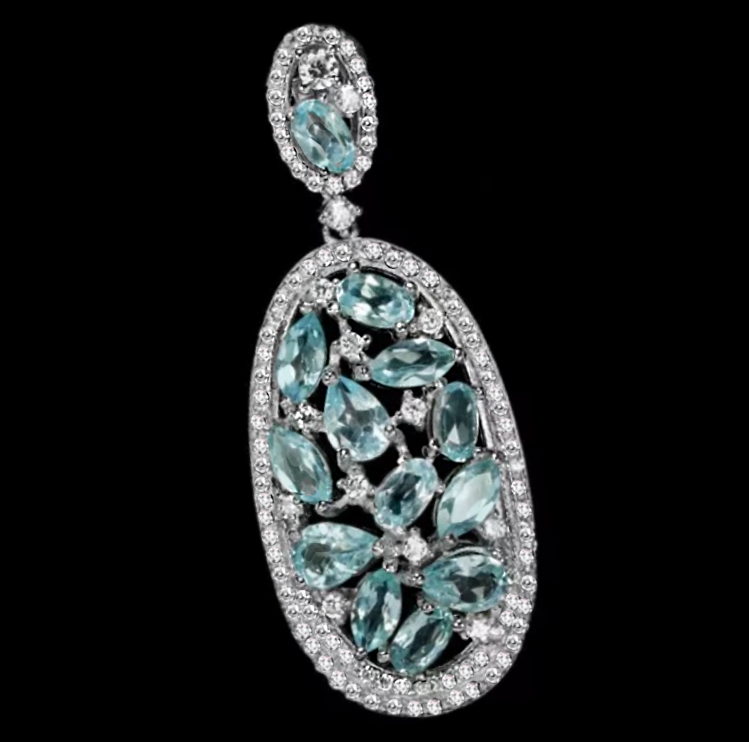 Deluxe 13 Natural Sky Blue Topaz, White CZ Solid 925 Sterling Silver 14K White Gold Pendant