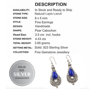 Indonesian Bali-Java Natural Lapis Lazuli, Gemstone Solid .925 Silver Earrings