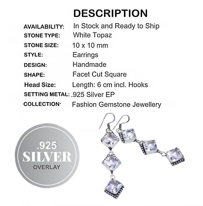Long Antique Style White Topaz Gemstone .925 Silver Earrings