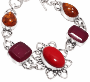 Beautiful Floral Red Coral, Ruby, Amber Gemstone .925 Silver Bracelet
