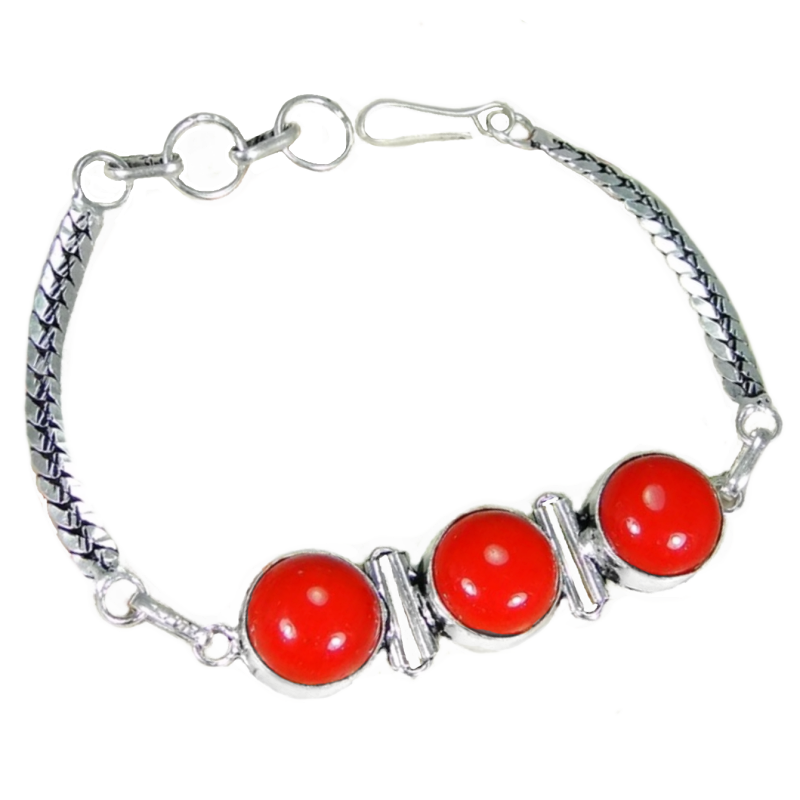 Handmade Red Coral Ovals Gemstone .925 Sterling Silver Bracelet