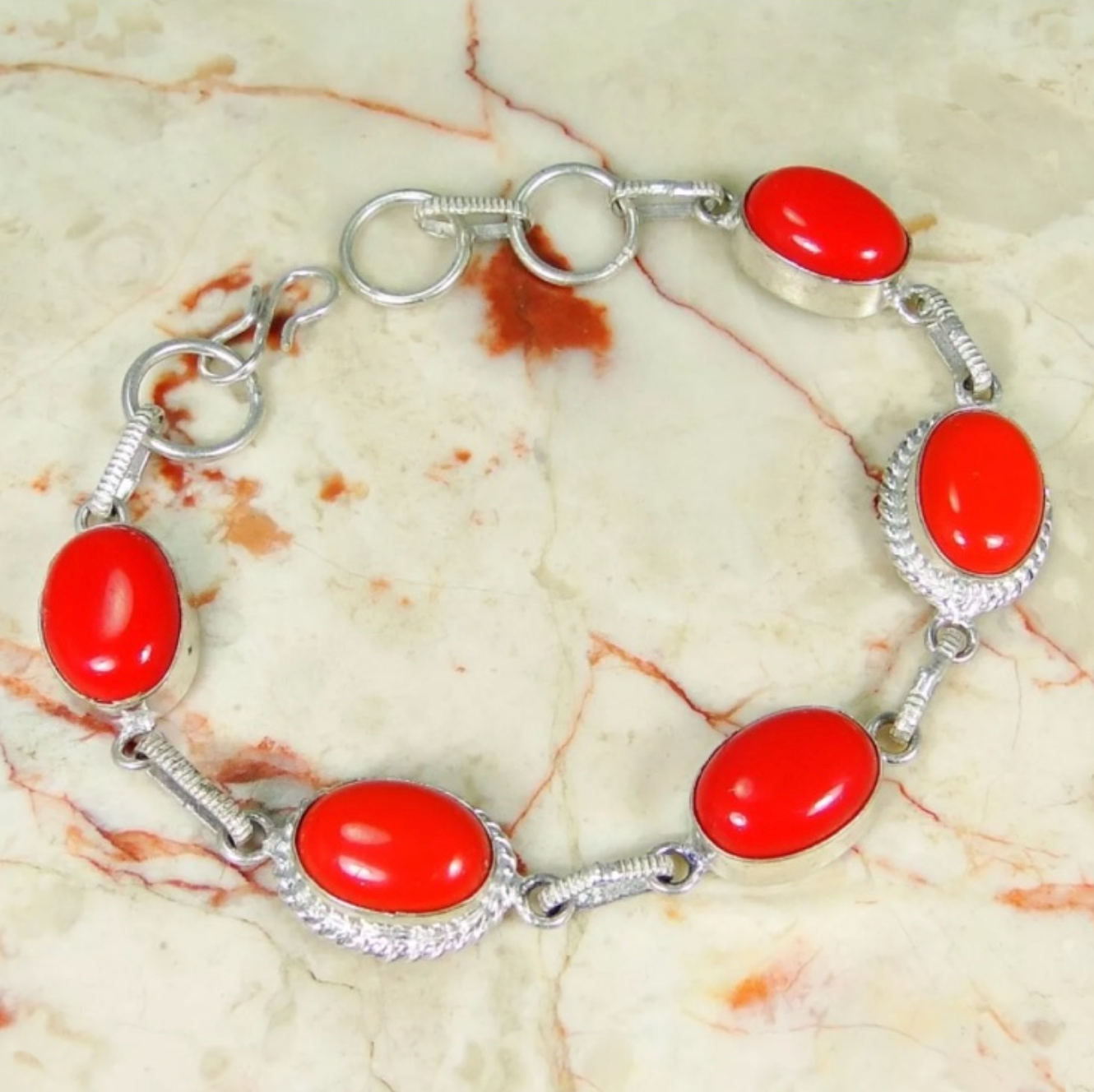 Handmade Red Coral Oval Gemstone .925 Sterling Silver Bracelet