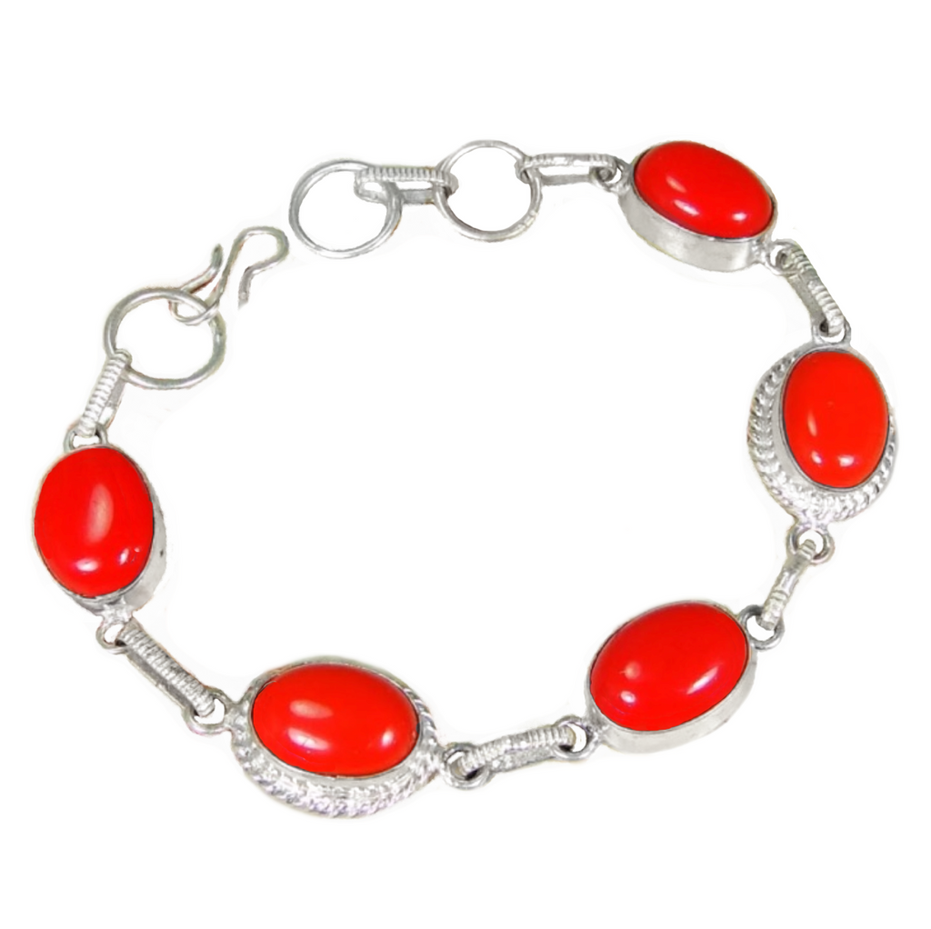 Handmade Red Coral Oval Gemstone .925 Sterling Silver Bracelet