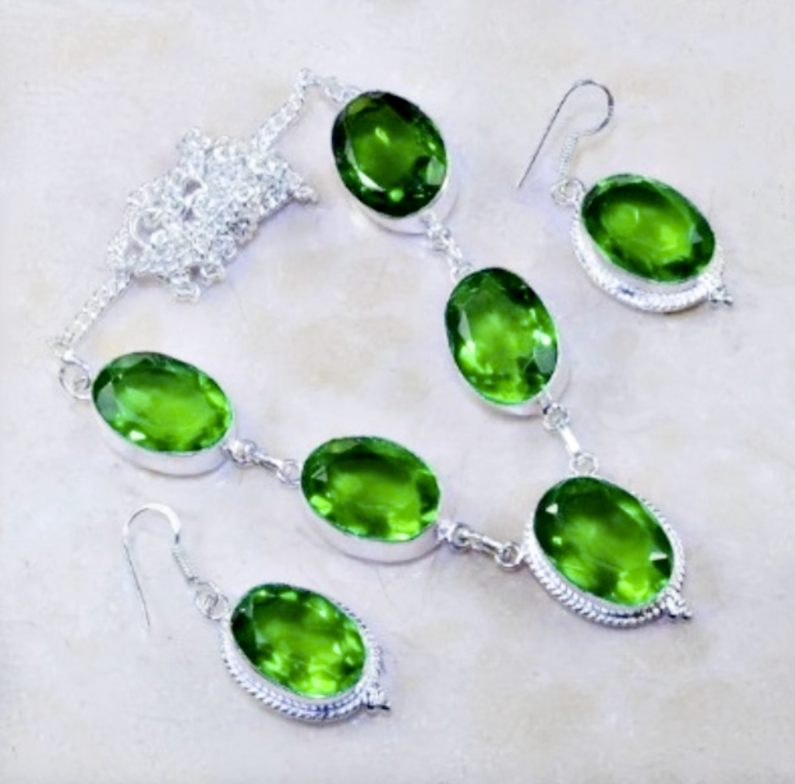 Faceted Peridot Gemstone .925 Silver Necklace & Earrings Set