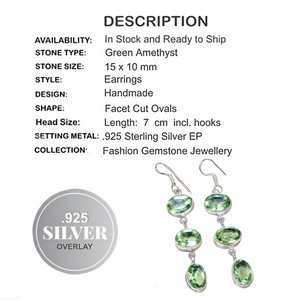 Long Faceted Green Amethyst Ovals Gemstone .925 Silver Earrings