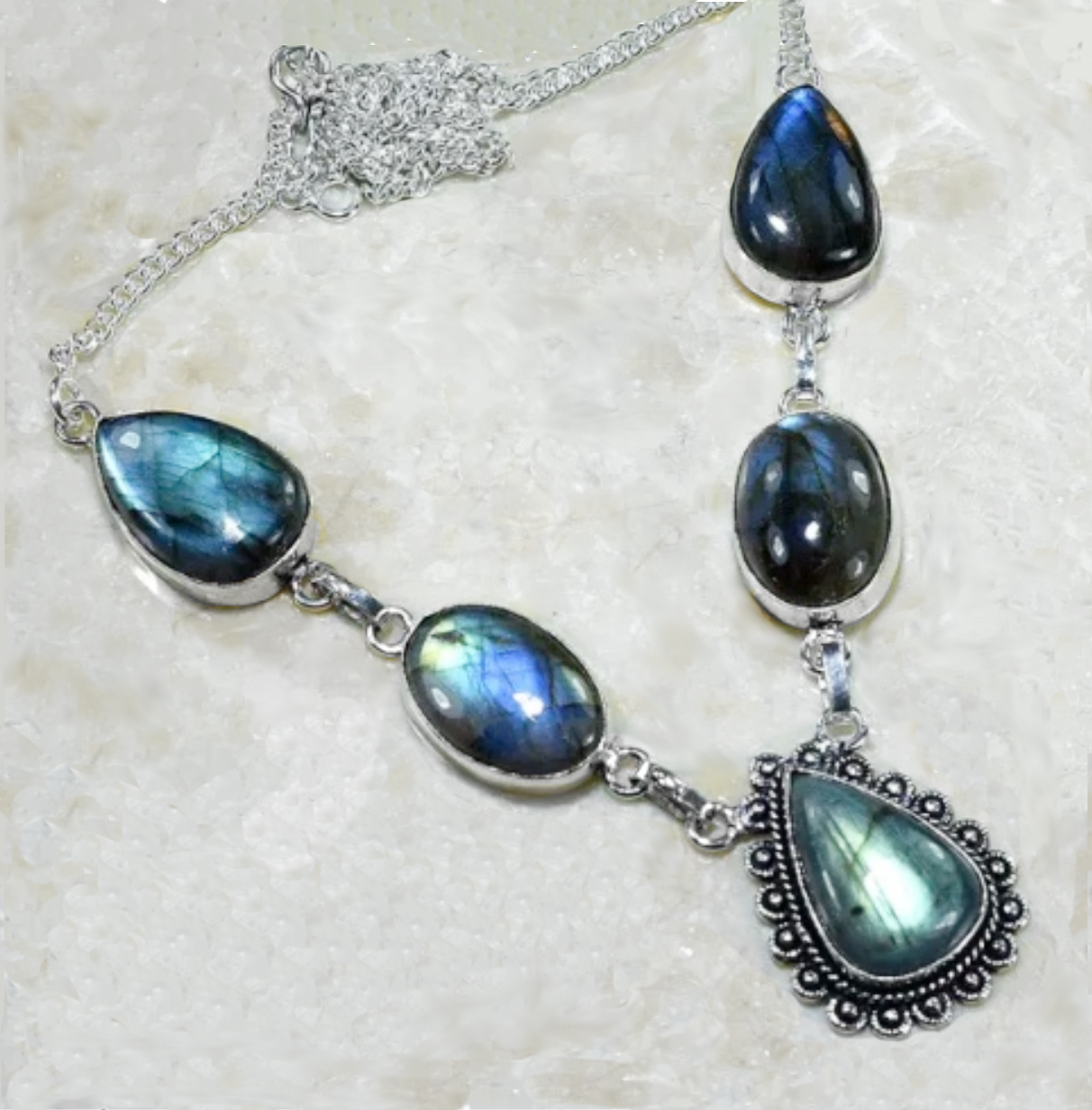 Natural Blue Fire Labradorite Gemstone 925 Silver Necklace